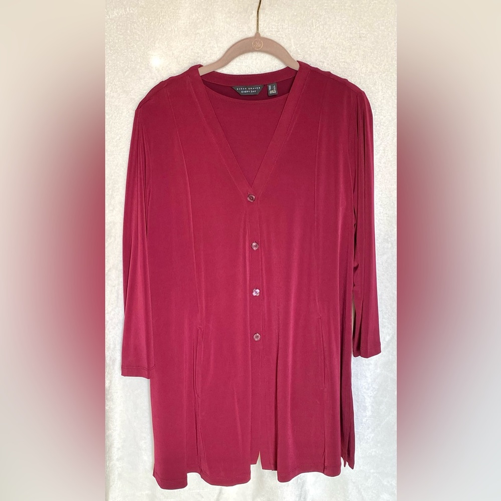 Susan Graver Everyday Large Maroon LK Button Front Cardigan & Tank Top Set